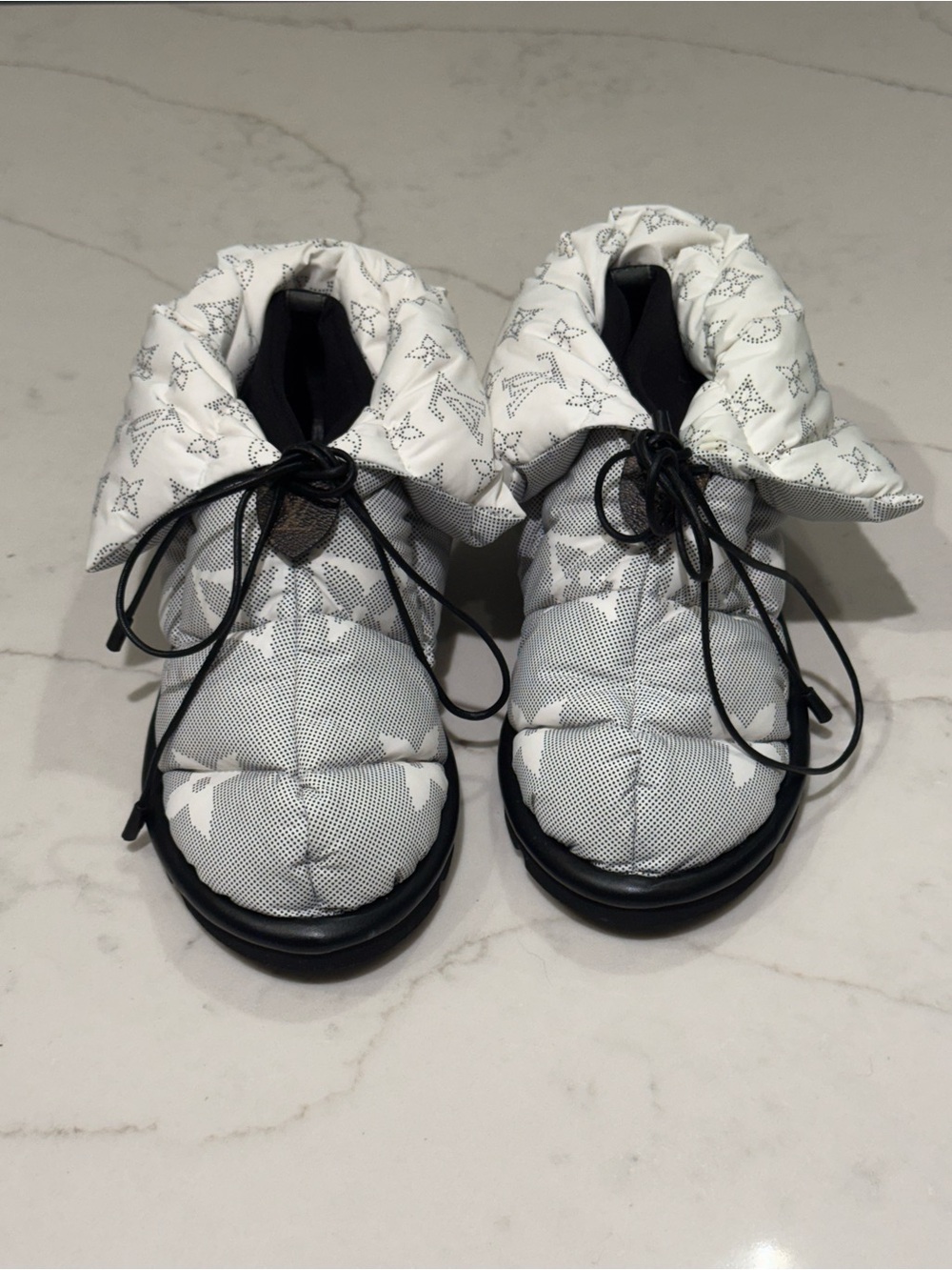 Louis Vuitton White Quilted Monogram Booties with Black Details